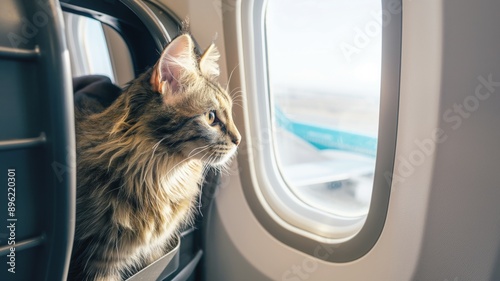 A ginger cat sits comfortably in a pet carrier and gazes out the window of an airplane during takeoff, enjoying the view of the sky and clouds photo