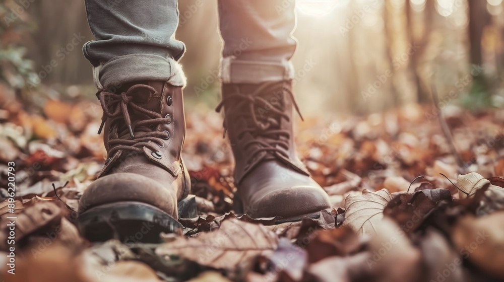 Close-up of a person s feet in hiking boots standing on a forest trail covered with fallen leaves and branches in autumn. Close-up of a person s feet in hiking boots standing on a forest trail covered with fallen leaves and branches in autumn.