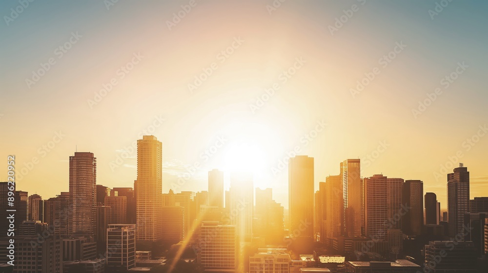 Fototapeta premium Urban cityscape with sunlight shining through buildings at sunrise or sunset in the morning or evening, creating a warm and serene atmosphere.