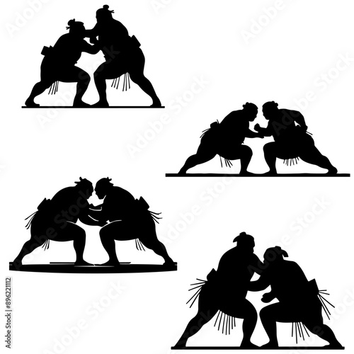 Silhouettes of Japanese sumo wrestlers fighting in the ring. Vector set of monochrome sketches about heavyweight wrestling