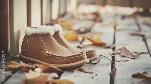 Cozy sheepskin lined ankle boots on wooden floor with autumn leaves, creating a warm, inviting atmosphere for fall fashion styles. photo