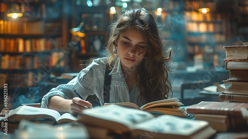 A realistic photograph  8K resolution  shot on professional DSLR camera  tack-sharp focus  exquisite detail  high dynamic range of A focused student studying in a peaceful library  surrounded 