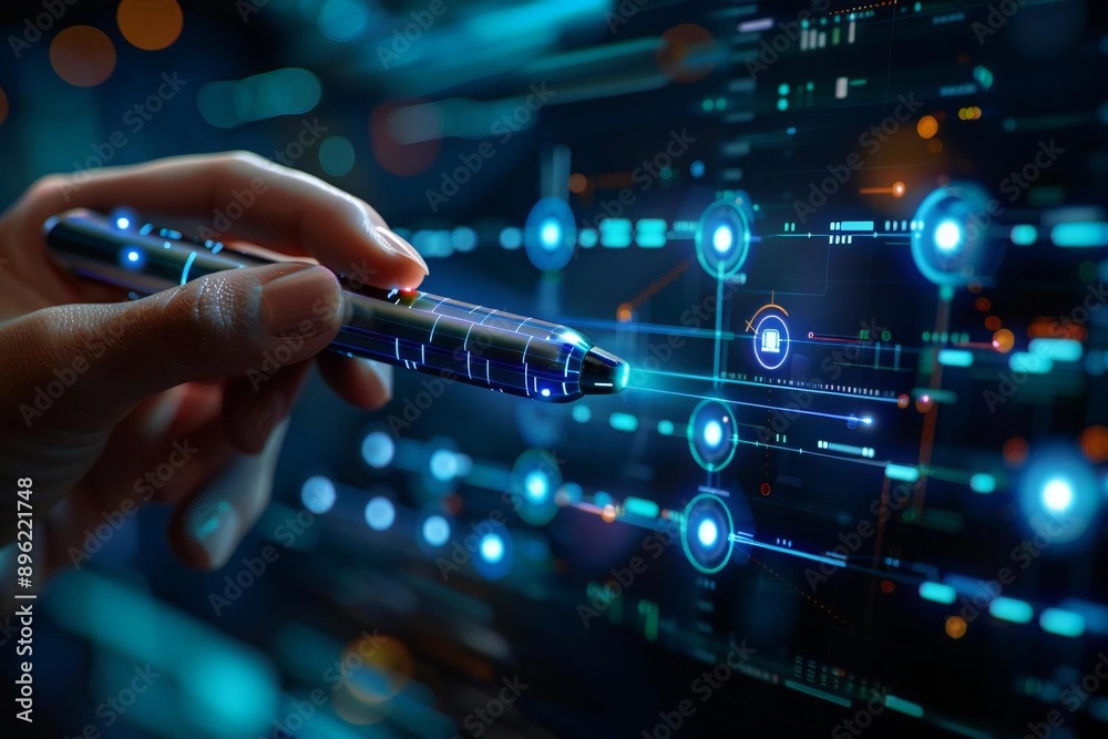 Close-up of a person's finger using a holographic pen to update a futuristic AI-enhanced Gantt chart diagram for project management. Close-up of a person's finger using a holographic pen to update a futuristic AI-enhanced Gantt chart diagram for project management.