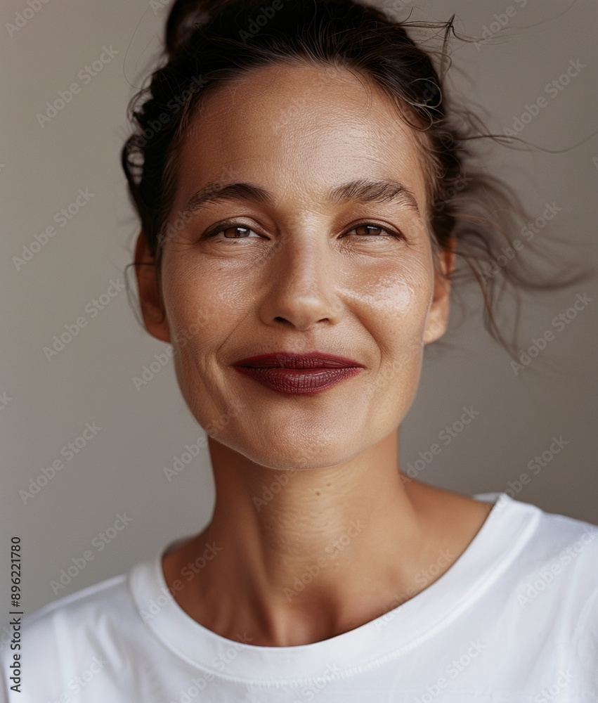 Portrait of beautiful natural mature woman in white t-shirt Portrait of beautiful natural mature woman in white t-shirt