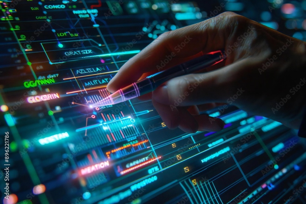Close-up of a person's finger using a holographic pen to update a futuristic AI-enhanced Gantt chart diagram for project management. Close-up of a person's finger using a holographic pen to update a futuristic AI-enhanced Gantt chart diagram for project management.