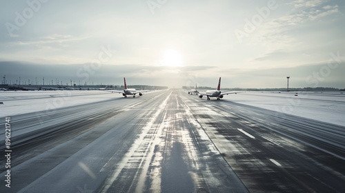 Two airplanes are ready to take off from the snowy runway at the airport, while the sun shines on the clear sky, creating a picturesque winter scene.