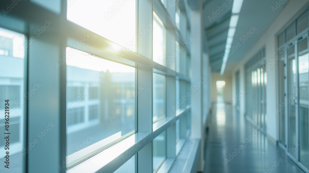 Bright, modern corridor with large windows allowing natural light to flood the space. The clean, minimalist design creates a calm and inviting atmosphere Bright, modern corridor with large windows allowing natural light to flood the space. The clean, minimalist design creates a calm and inviting atmosphere