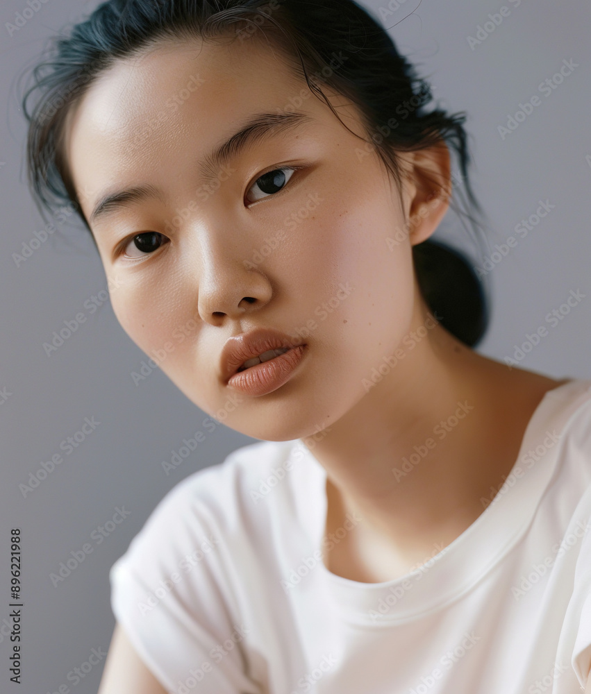 Portrait of beautiful natural young Asian woman in white t-shirt Portrait of beautiful natural young Asian woman in white t-shirt