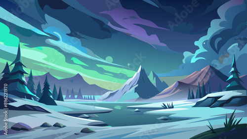 Gloomy lifeless winter tundra landscape, hills in the background, northern lights in the sky, vector art illustration