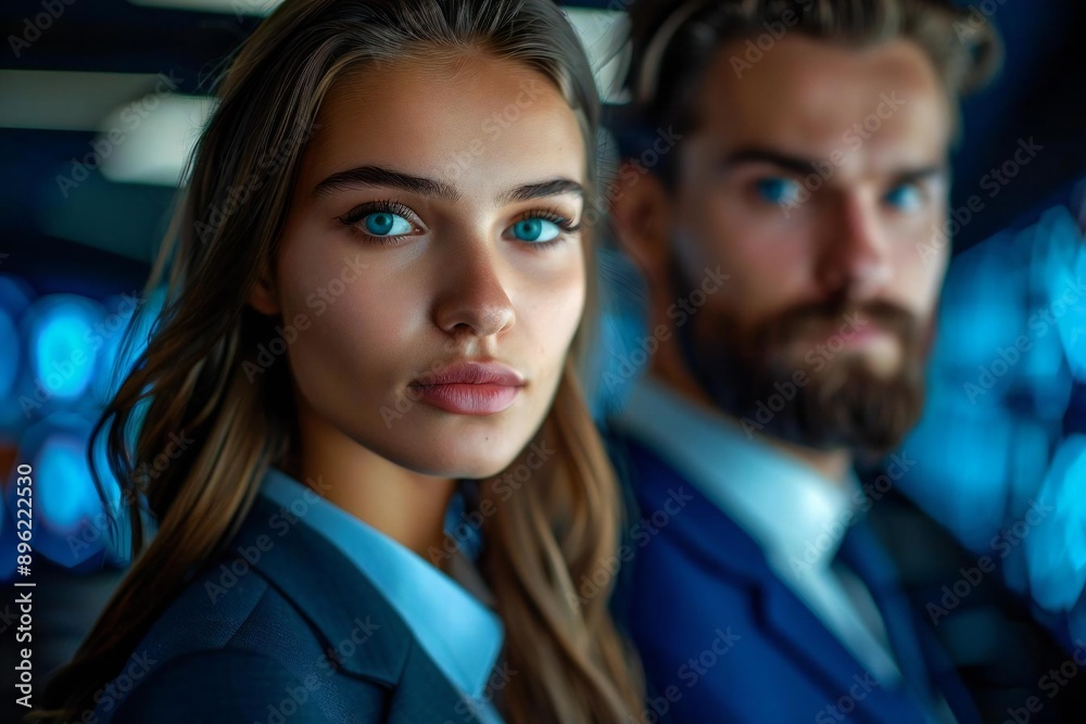 In a futuristic office setting, a pair of beautiful businesspeople, one with a well-groomed beard, work diligently amidst holographic screens and AI assistants. In a futuristic office setting, a pair of beautiful businesspeople, one with a well-groomed beard, work diligently amidst holographic screens and AI assistants.