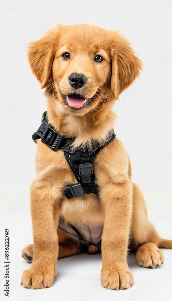 Filhote de Golden Retriever Feliz com Colete Guia em Fundo Branco com Luz Natural, IA Generativa Filhote de Golden Retriever Feliz com Colete Guia em Fundo Branco com Luz Natural, IA Generativa