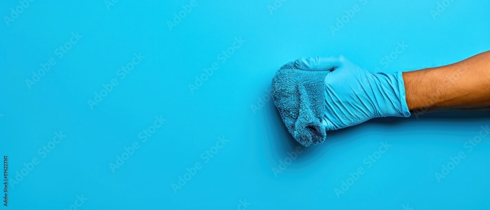 Hand in Blue Glove Cleaning with Blue Cloth. Generative ai. Hand in Blue Glove Cleaning with Blue Cloth. Generative ai.