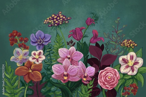 Floral painting with dark green background