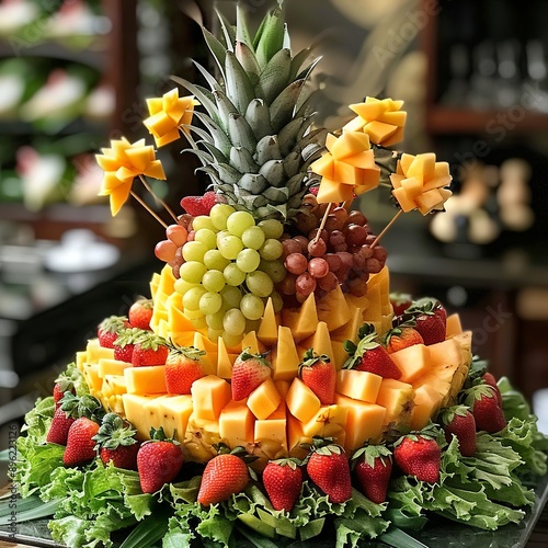 Beautiful assortment of fruits on a table, showcasing vibrant colors and freshness. Perfect for themes of healthy eating, nature, and abundance photo