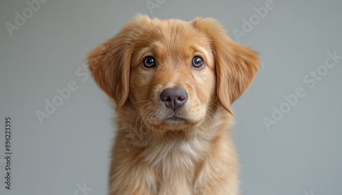 Filhote de Golden Retriever Feliz com Colete Guia em Fundo Branco com Luz Natural, IA Generativa