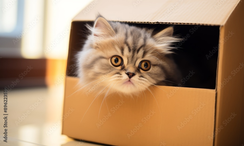 Lovely tabby fluffy fur cat playing in the paper box , Lovely tabby fluffy fur cat playing in the paper box ,
