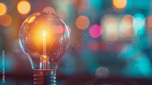 A Glowing Light Bulb Against a Blurred Background of Colorful Lights, Lightbulb, Bokeh, Idea, Inspiration