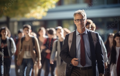 school teacher or college professor walking on walkway at morning © QuietWord