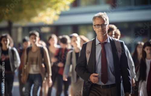 school teacher or college professor walking on walkway at morning