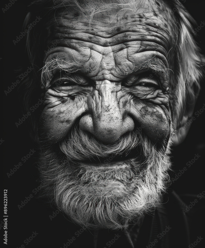 a black and white photograph of an old man/grandfather with a beard with a smiling facial expression. a black and white photograph of an old man/grandfather with a beard with a smiling facial expression.