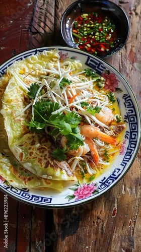 Banh Xeo rice crepes with pork, shrimp, onions and bean sprouts and a Nuoc Cham spicy sauce closeup on a plate on the table. AI generated illustration photo