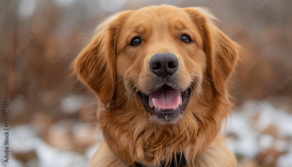 Obraz premium Filhote de Golden Retriever Feliz com Colete Guia em Fundo Branco com Luz Natural, IA Generativa
