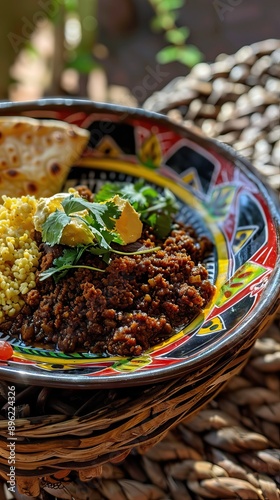 Traditional Ethiopian Food, Several types of stew and meat served on Injera. AI generated illustration photo
