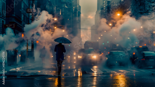 A man in a blue business suit holding an umbrella is crossing the 42nd street in Manhattan. Cars and steam coming out from from the manholes in the background. New York City,  photo