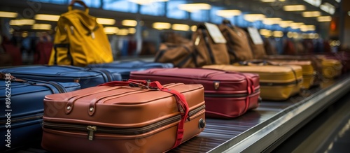 portrait of Suitcase luggage on conveyor belt at airport sorting point photo