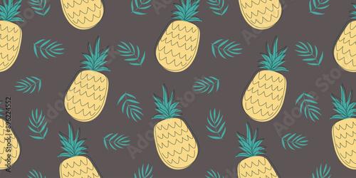 Seamless pattern with tropical summer elements on blue background for fabric, drawing labels, print on t-shirt, wallpaper of children's room, vacation, holiday or summer design.	