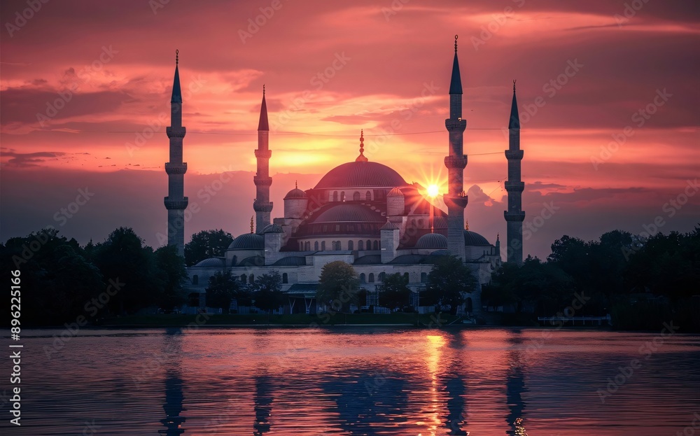 Obraz premium A serene mosque with its minarets silhouetted against a sunset