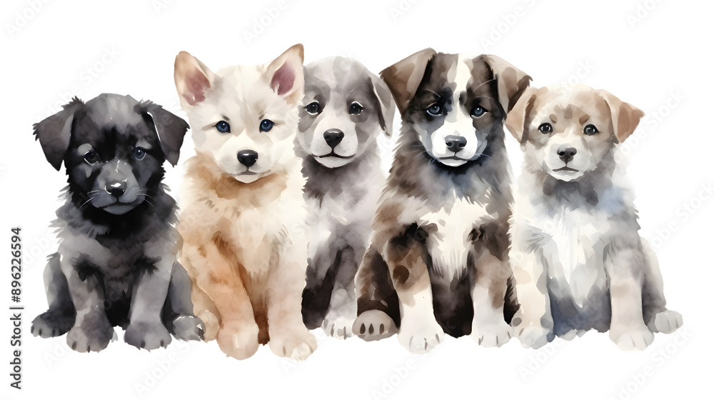 Obraz premium Group of cute puppies dogs sitting in a row watercolor illustration isolated on transparent background