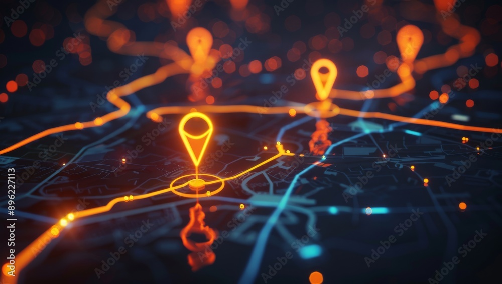 Digital map with location pins glowing orange, representing on line OS travel route and personal vehicle tracking system for commercial vehicles Digital map with location pins glowing orange, representing on line OS travel route and personal vehicle tracking system for commercial vehicles