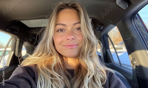 Beautiful Blonde College Girl Taking Selfie in Car