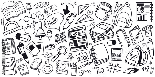 School stationery and Art Supplies doodle set. Vector illustration in line. Back to school.