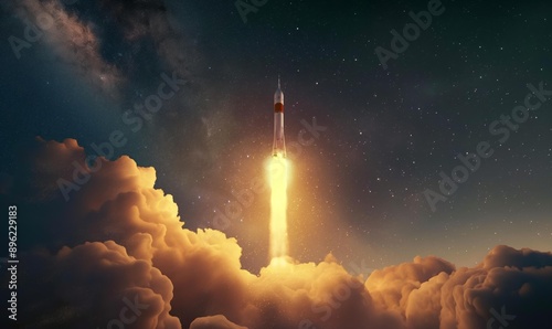 A rocket launching into space with smoke billowing and stars in the night sky.