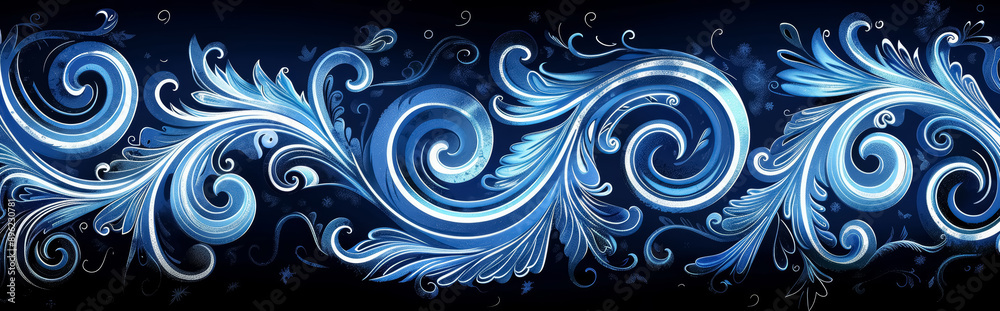 Maori koru blue and black background with spiral swirls and natural motifs. Maori koru blue and black background with spiral swirls and natural motifs.
