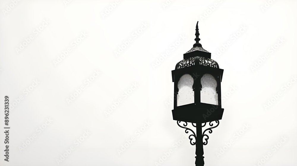 Black Ornate Street Lamp Against a White Sky Black Ornate Street Lamp Against a White Sky