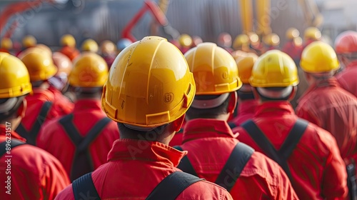 A large group of people wearing construction helmets, viewed from the back. A team of laborers of construction workers. The concept of unity, teamwork, meeting or asserting one's rights at a rally.