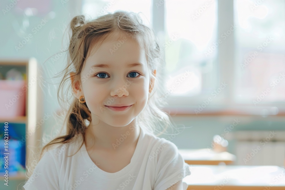 cute smiling schoolgirl in a white T-shirt sitting at a desk at school cute smiling schoolgirl in a white T-shirt sitting at a desk at school