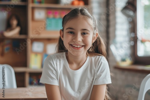 cute smiling  schoolgirl in a white T-shirt  sitting at a desk at school