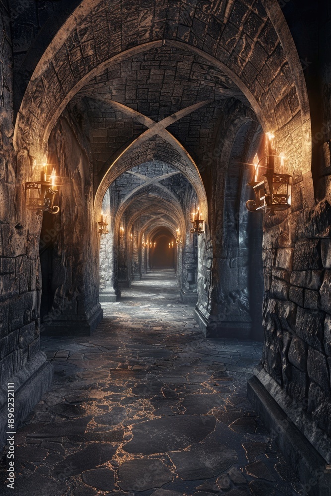 Fototapeta premium A dimly lit hallway in a medieval-style castle with stone walls
