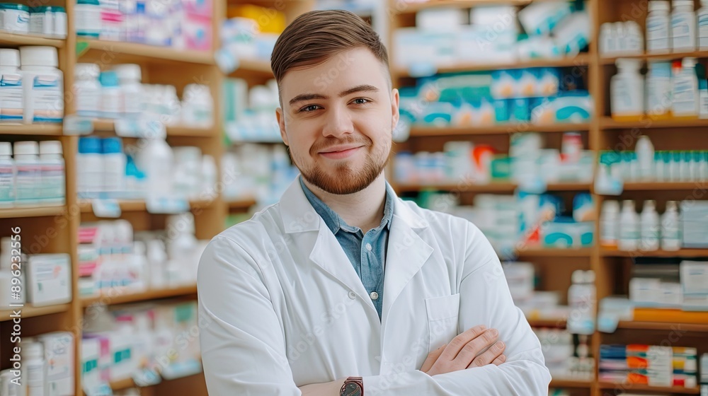 Close-up portrait of a smiling male pharmacist against a background of pharmacy shelves with medicines. A confident professional. Can be used for advertising, marketing or presentation. Close-up portrait of a smiling male pharmacist against a background of pharmacy shelves with medicines. A confident professional. Can be used for advertising, marketing or presentation.
