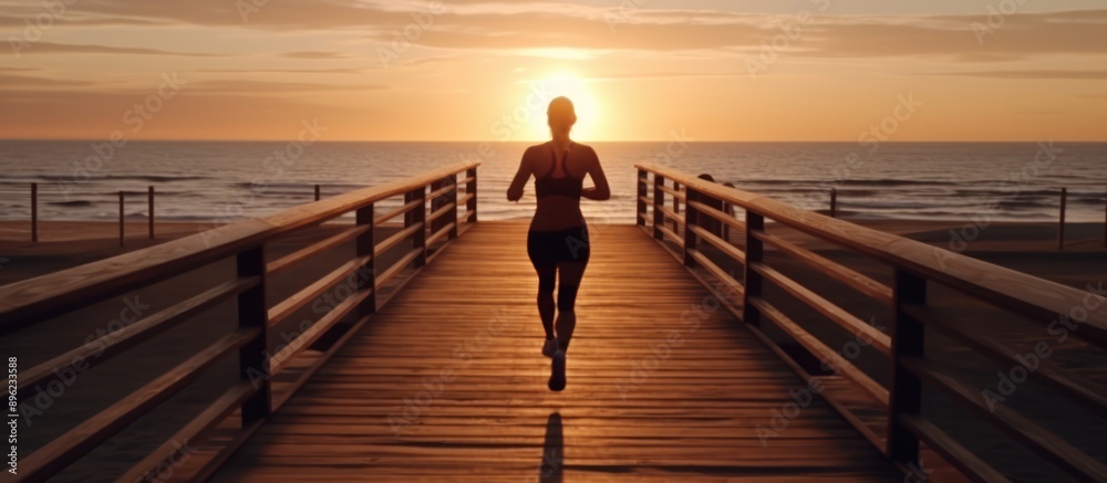 silhouette of sports woman running on wooden boardwalk at sunrise beach silhouette of sports woman running on wooden boardwalk at sunrise beach