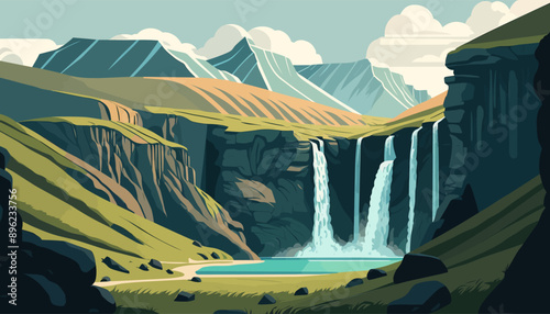 Beautiful landscape of Iceland. A serene landscape with twin waterfalls pouring into a crystal-clear lake surrounded by expansive mountain ranges.