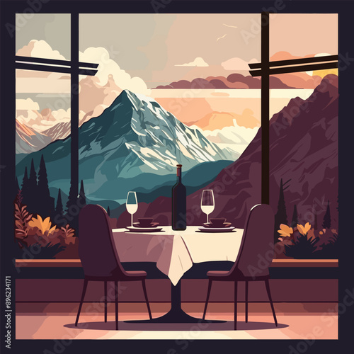 Modern restaurant with a beautiful view of the mountains.