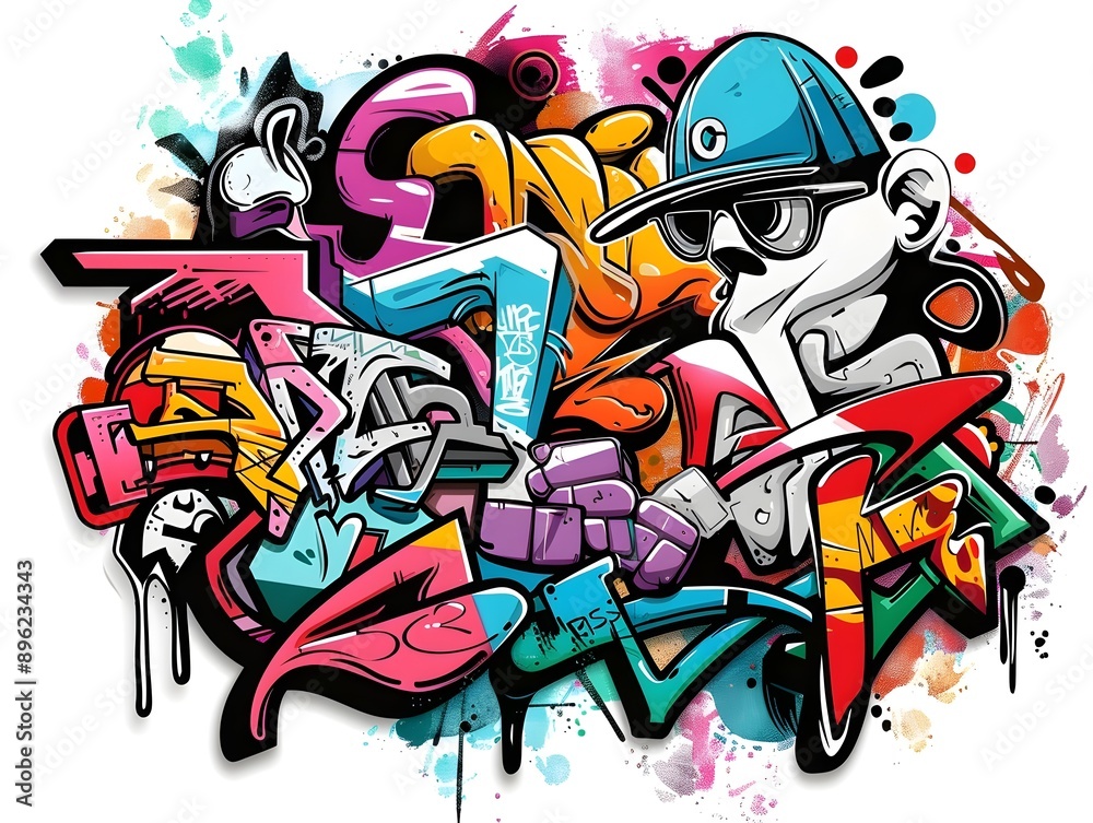 Stylish Streetwear Graffiti Sticker Design for Shirt and Brand Promotion on White Background Stylish Streetwear Graffiti Sticker Design for Shirt and Brand Promotion on White Background