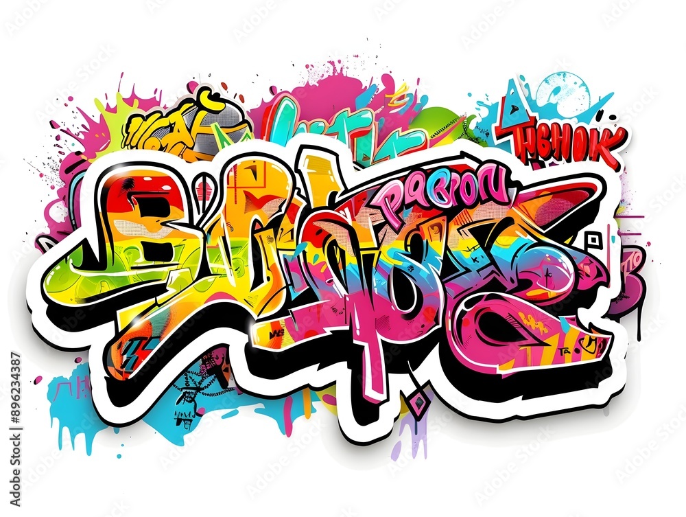 Fototapeta premium Stylish Streetwear Graffiti Sticker Design for Shirt and Product on White Background