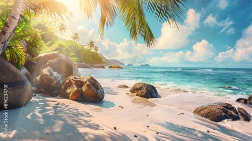 Vacation backdrop wallpaper for the summer holidays: a white sand beach in a sunny, tropical, exotic Caribbean paradise with palm trees and rocks reminiscent of the Seychelles island in Thailand.