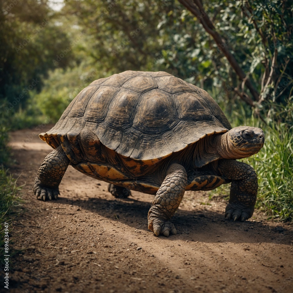 Fototapeta premium A wise old tortoise slowly crossing a path.